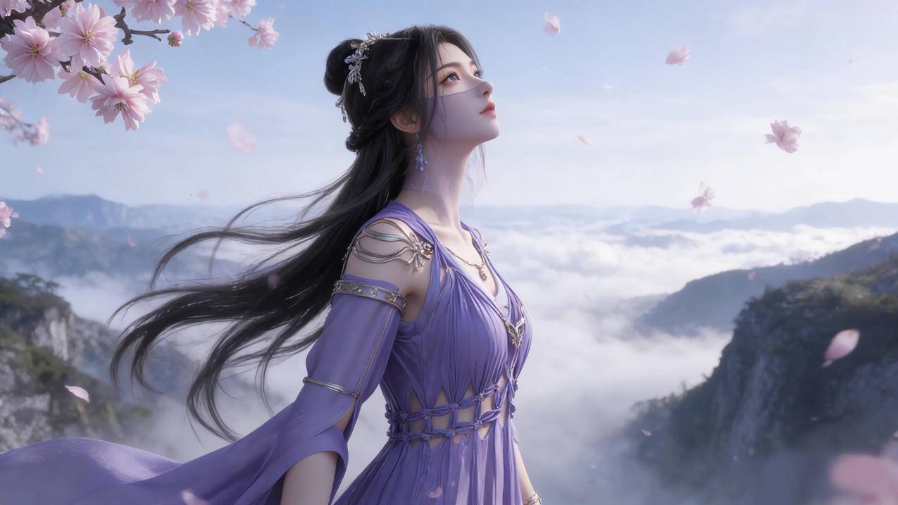 长发紫色裙子美女紫灵 樱花 4K壁纸