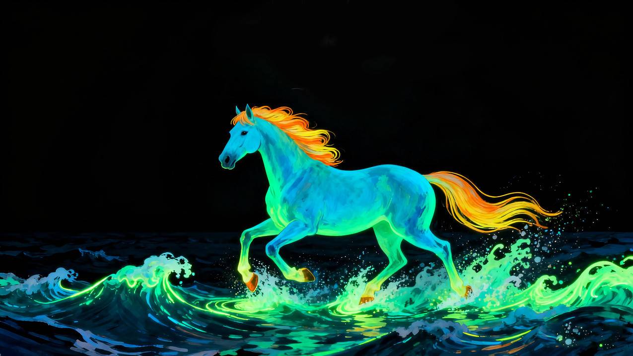 2026马年 晚上 荧光色 海边奔跑的骏马4k壁纸
