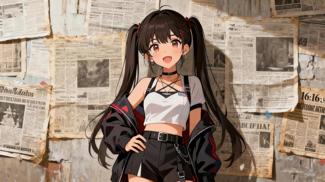 报纸墙 可爱双马尾辫女孩 老旧报子 4k壁纸