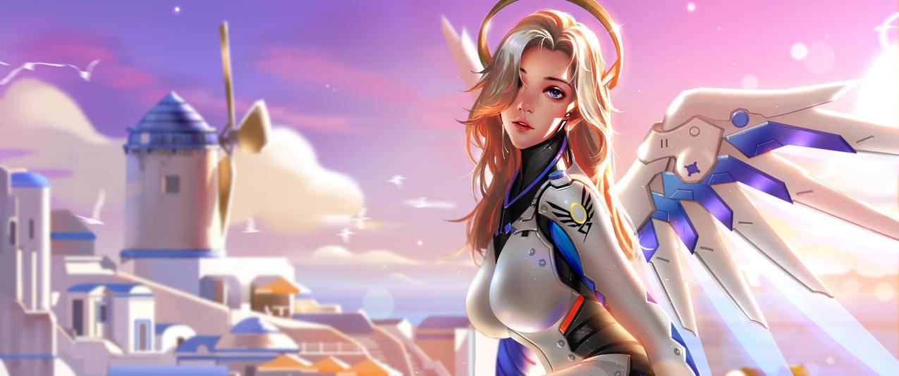 守望先锋mercy美女英雄天使带鱼屏壁纸