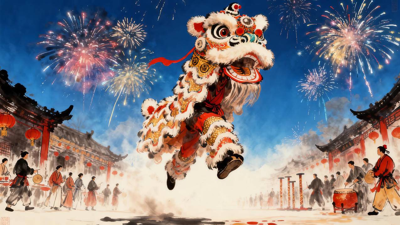 2026过年 春节 舞狮 敲锣打鼓 烟花 喜庆新年4k壁纸
