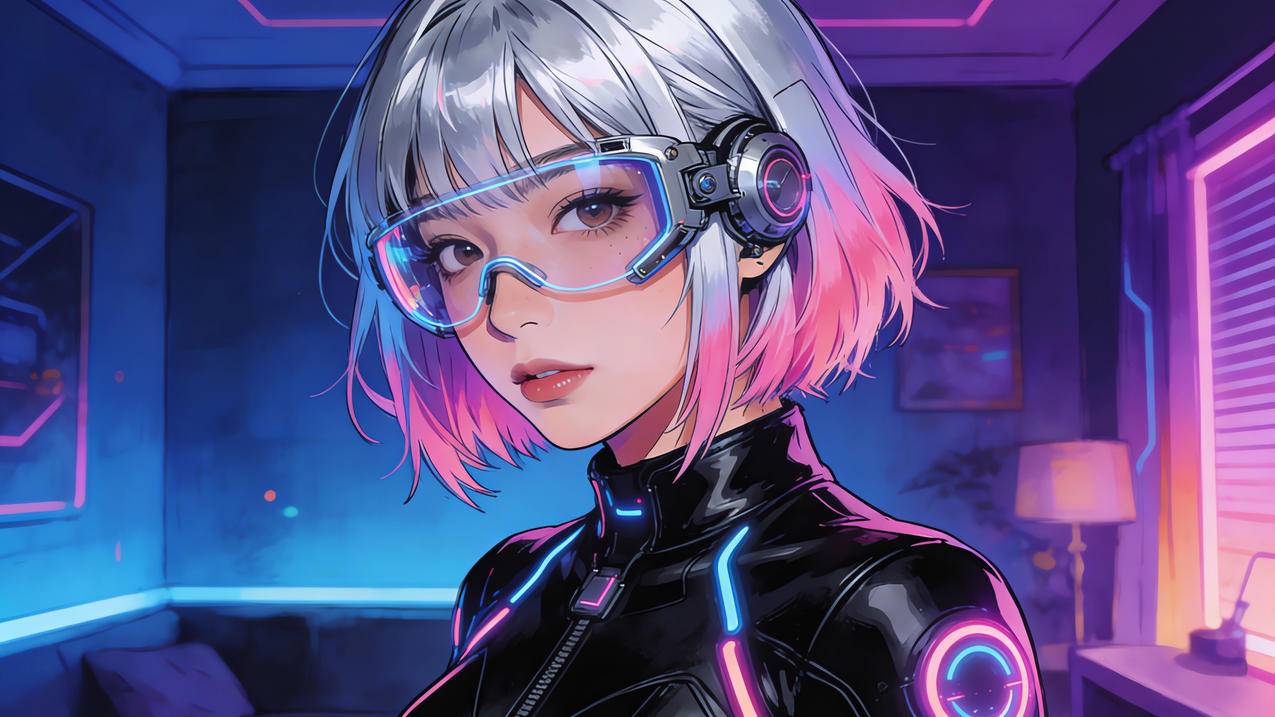 赛博朋克 房间 短发女孩 眼镜 4K电脑壁纸