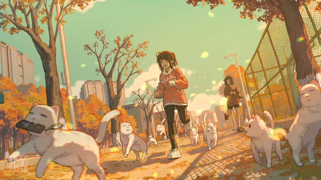 动漫女孩和猫一起跑步5k壁纸