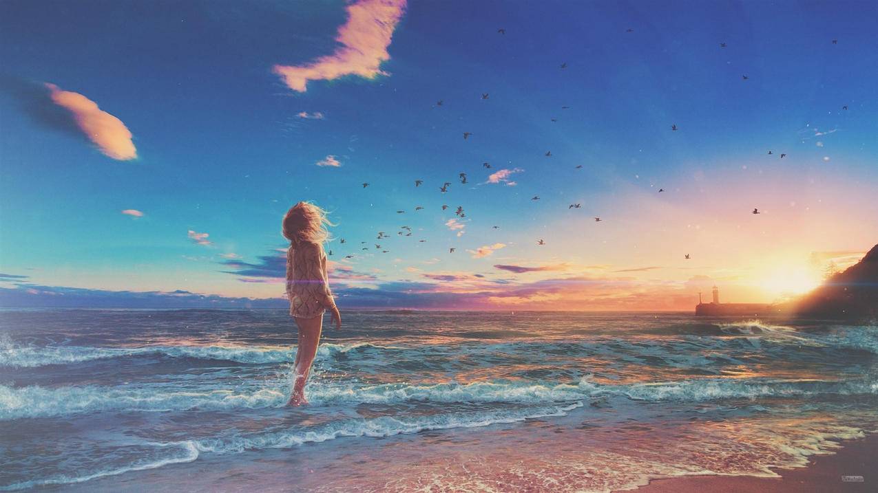 动漫海边少女夕阳高清壁纸