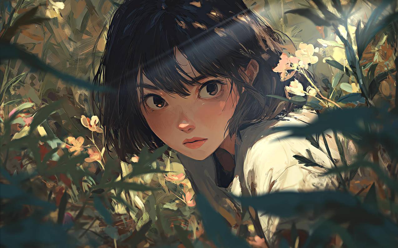 森林 短发女孩 花 草丛 4K壁纸3840x2400