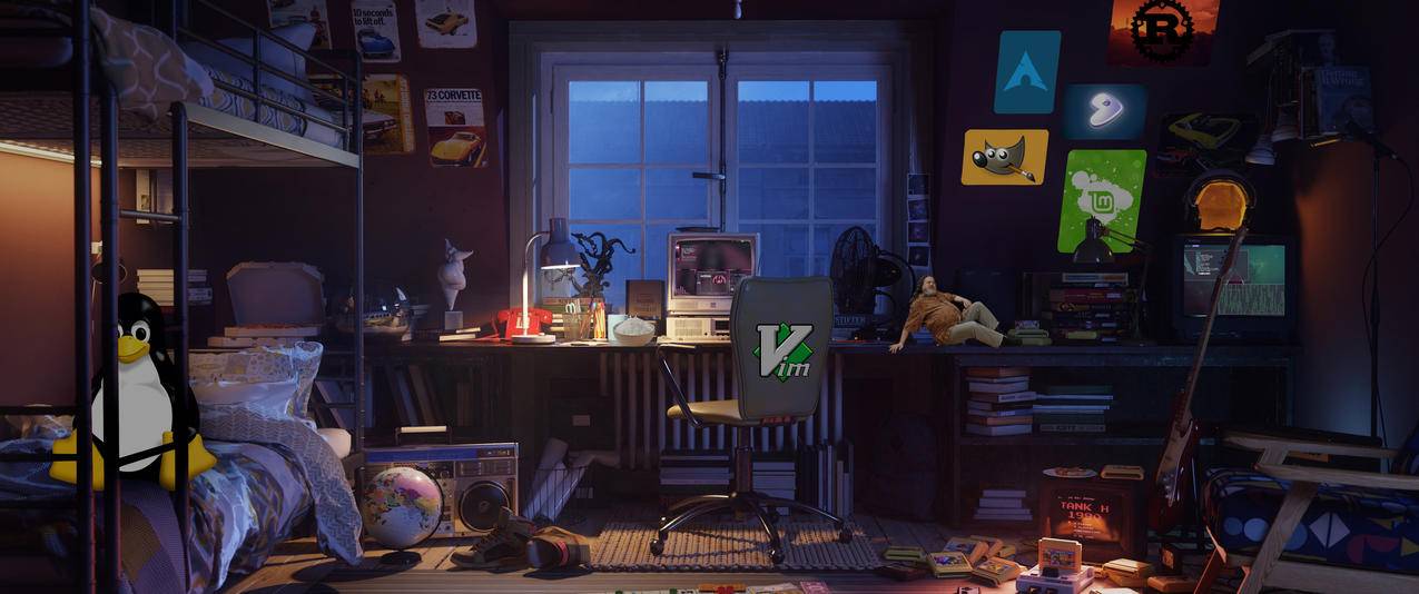 复古电竞卧室 企鹅 游戏风 3440x1440带鱼屏高清壁纸