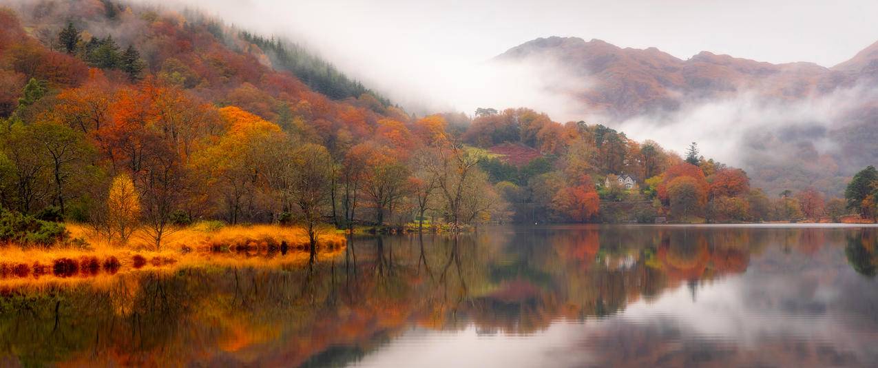森林 薄雾 秋天 湖泊 山水倒影 3440x1440风景带鱼屏壁纸
