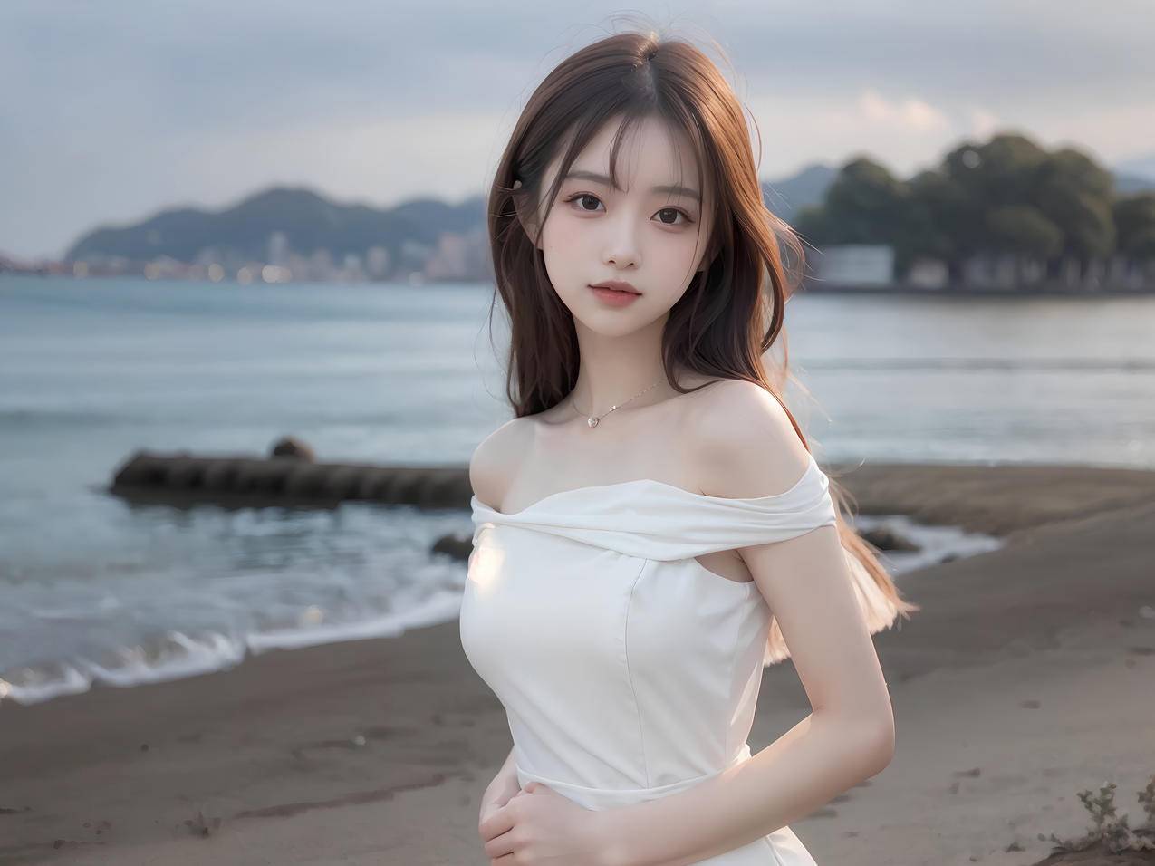 AI绘画 海边清纯美女 白色裙子平板壁纸