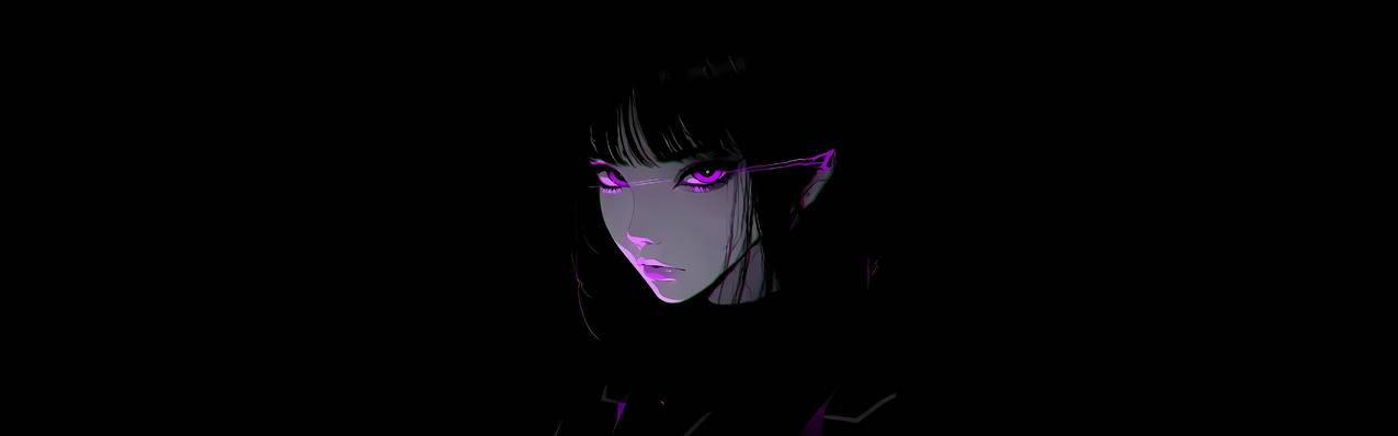 冷艳紫色眼睛美女 黑色背景 5120x1600超高清壁纸