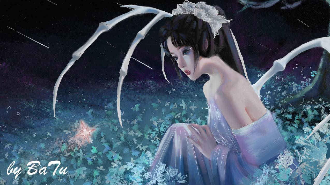 巴图BaTu 原创 夜晚花海 翅膀 星空 4K超清壁纸