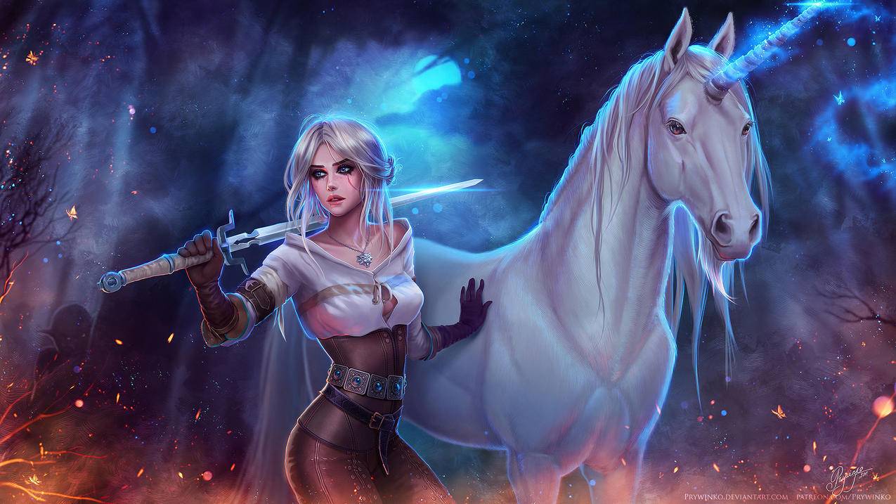 《巫师3 The Witcher3》女孩 白马 夜晚 4K高清壁纸