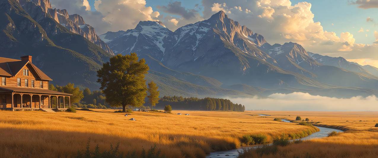 小河边的田野3440x1440带鱼屏风景壁纸