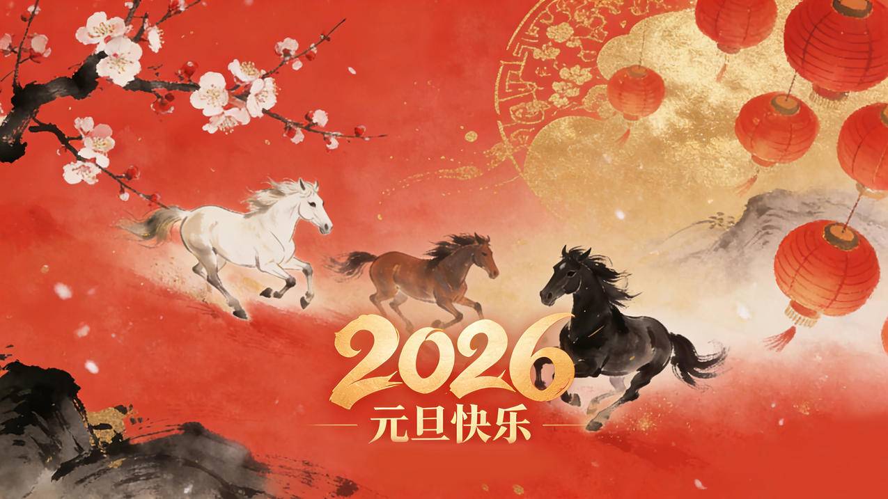 2026马年元旦快乐 红色喜庆背景4K壁纸