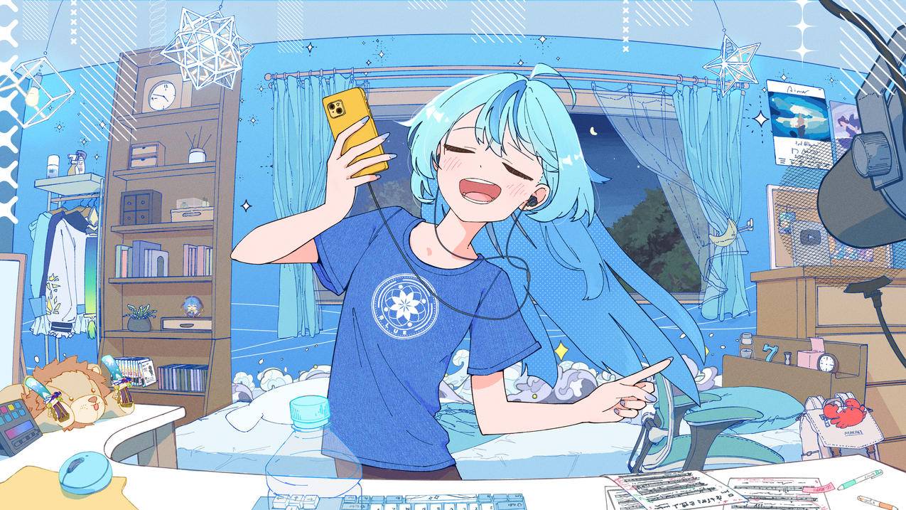 快乐动漫女孩 长发 闭着眼睛 听音乐 4K壁纸 3840x2160