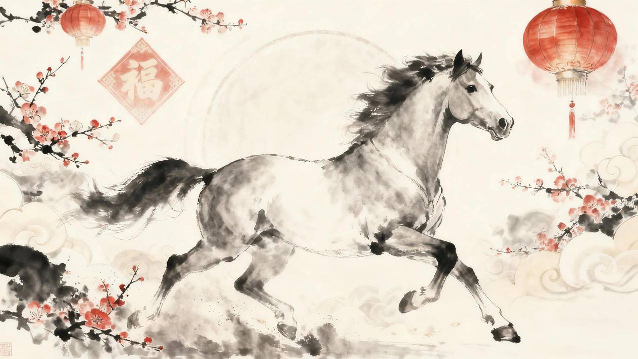 2026新年 马年 福字 水墨风 梅花 4k壁纸