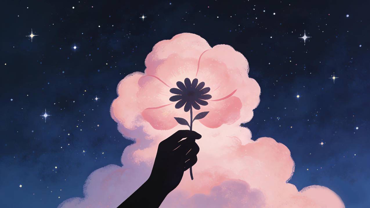 天空 星星 云朵 手拿着一朵小花 4K壁纸