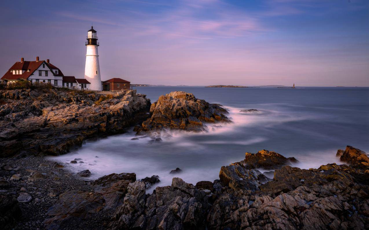 灯塔 房屋 海岸 日落 5k风景壁纸 5120x3200