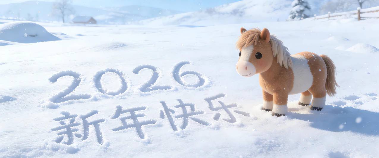 冬天 雪地 可爱小马 2026新年快乐3440x1440带鱼屏壁纸