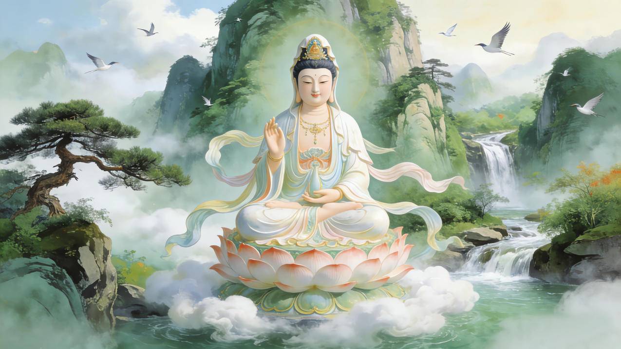 观音菩萨 坐莲台 美丽山水画 4K壁纸