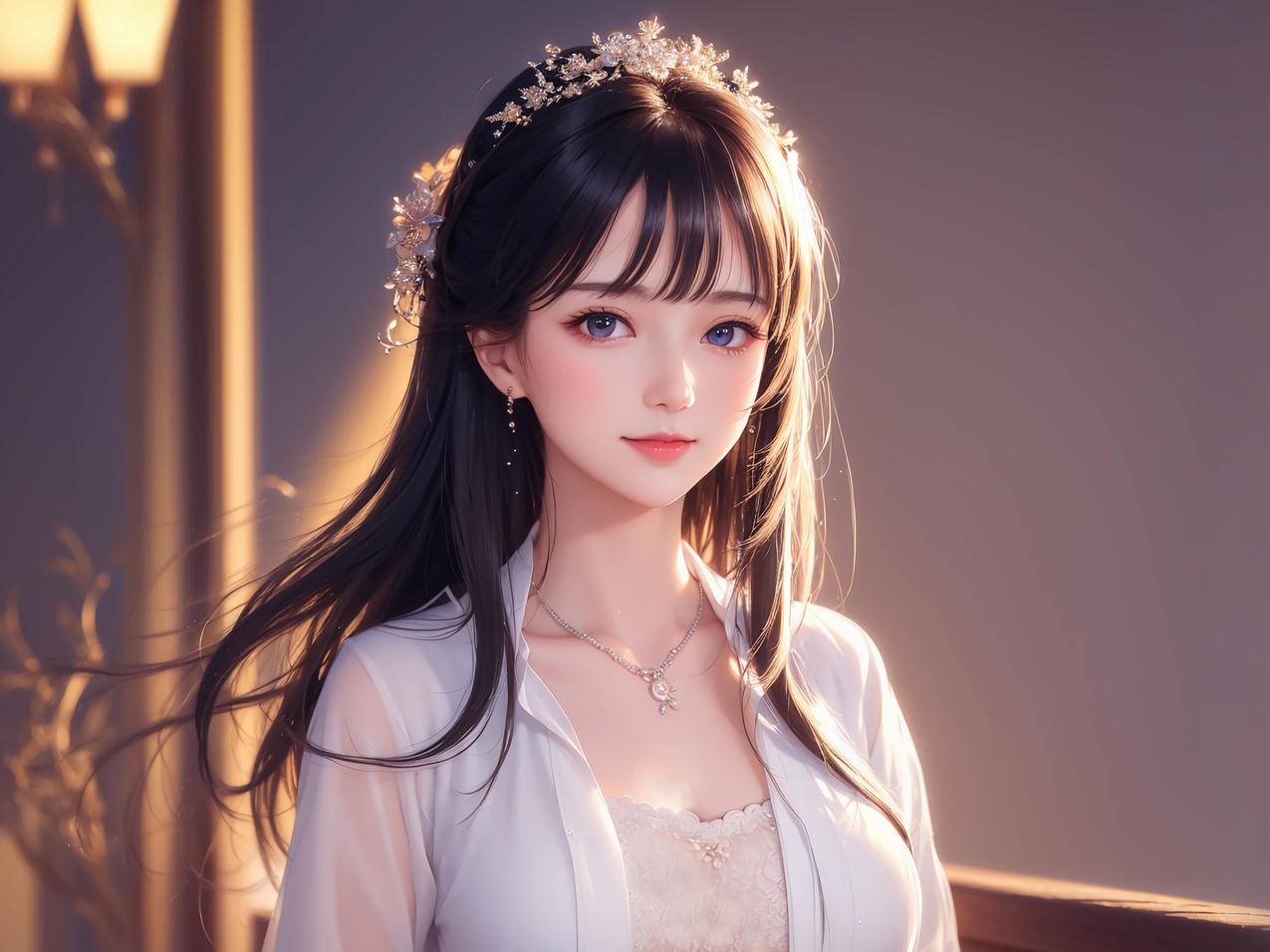 好看ai动漫美女 长发 白色衣服高清平板电脑壁纸
