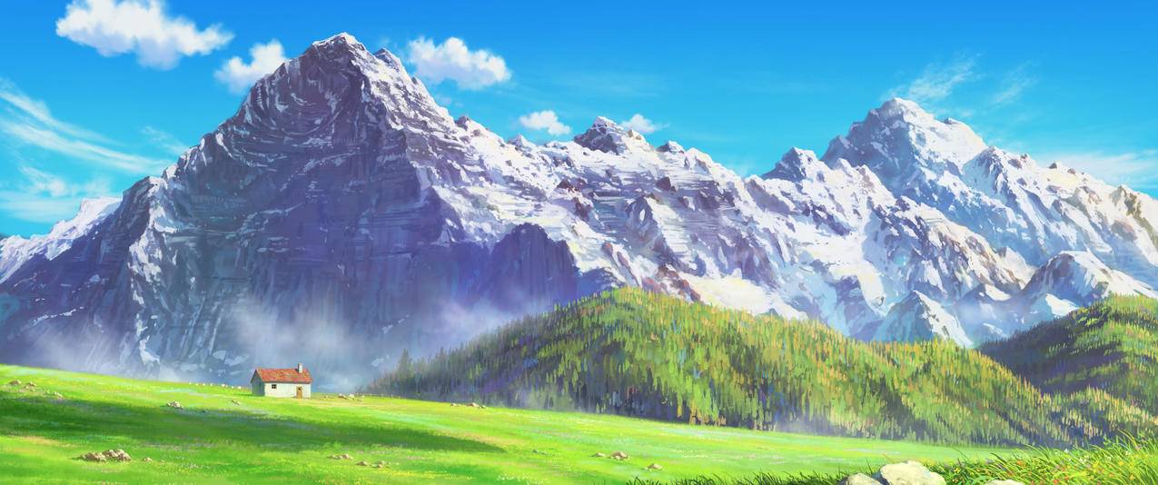 绘画风景 田野 房屋 绿草地 山脉 3440x1440风景带鱼屏壁纸