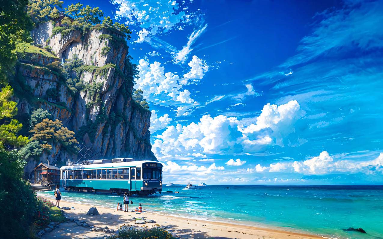 碧波云崖轨 海边 列车 4k风景壁纸3840x2400