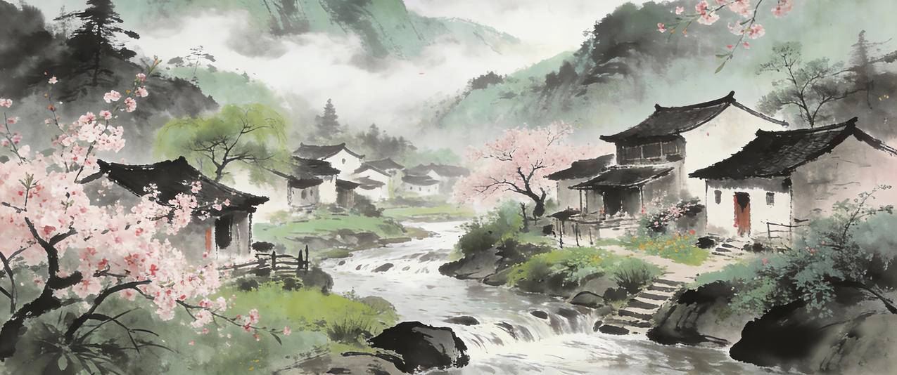 世外桃源 水墨风3440x1440带鱼屏壁纸免费