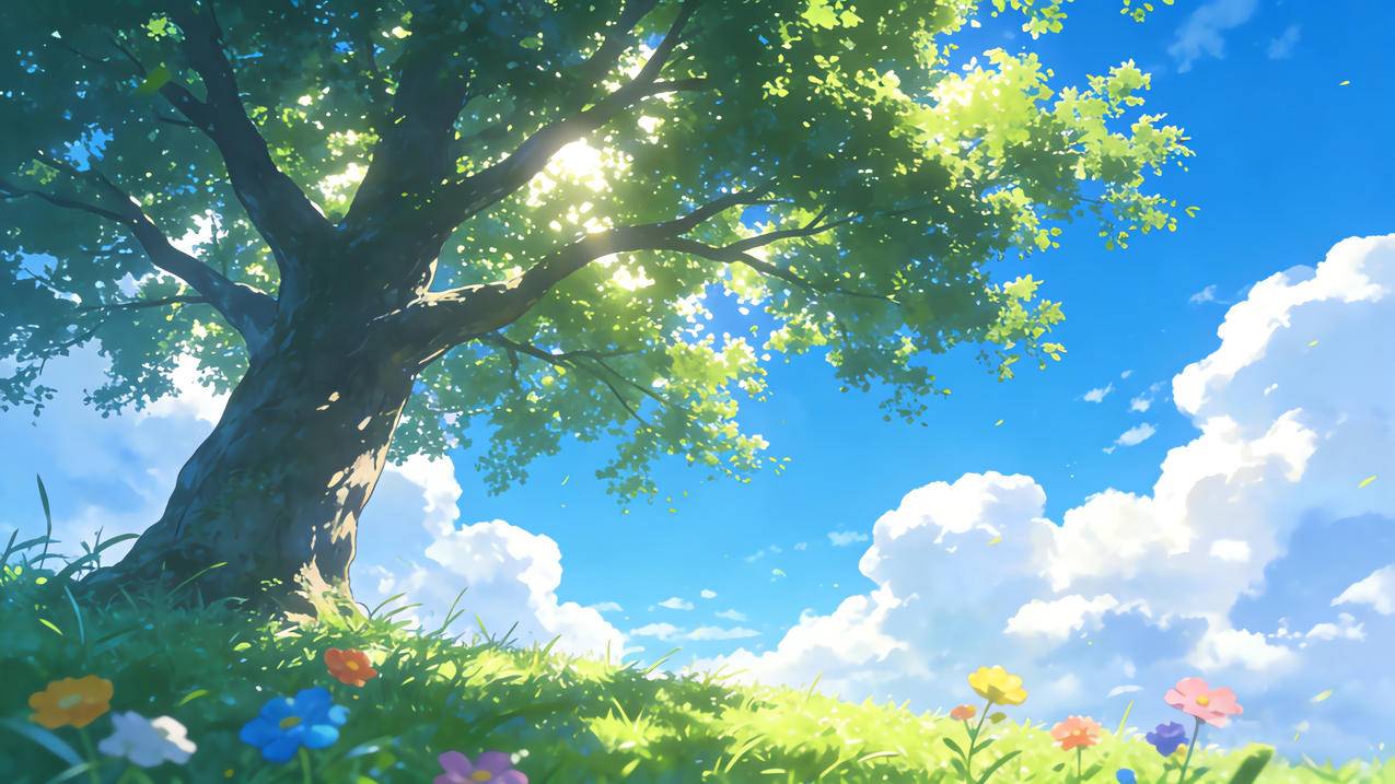 蓝天白云 绿色大树 绿草地 鲜花 4K风景壁纸