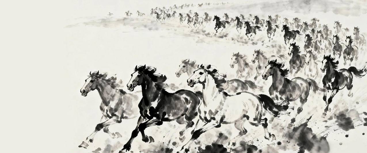 2026万马奔腾 水墨画 3440x1440带鱼屏壁纸