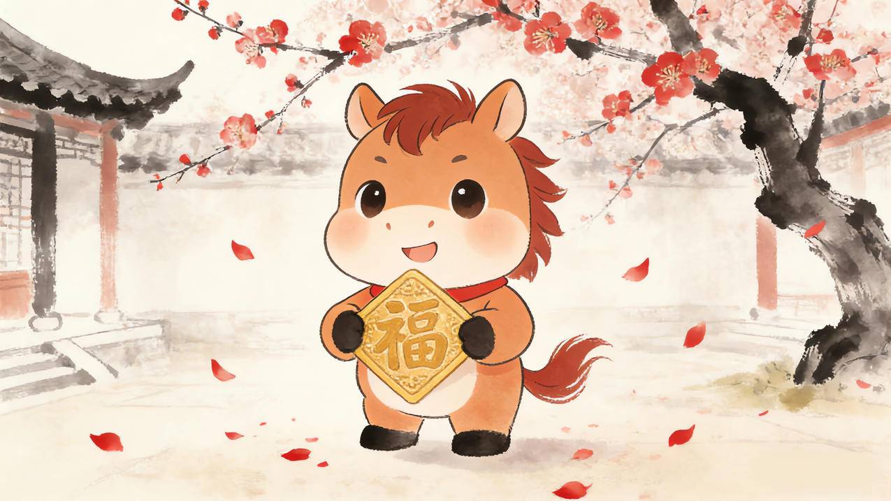 2026年可爱马宝宝 福字 梅花 水墨画 4k壁纸