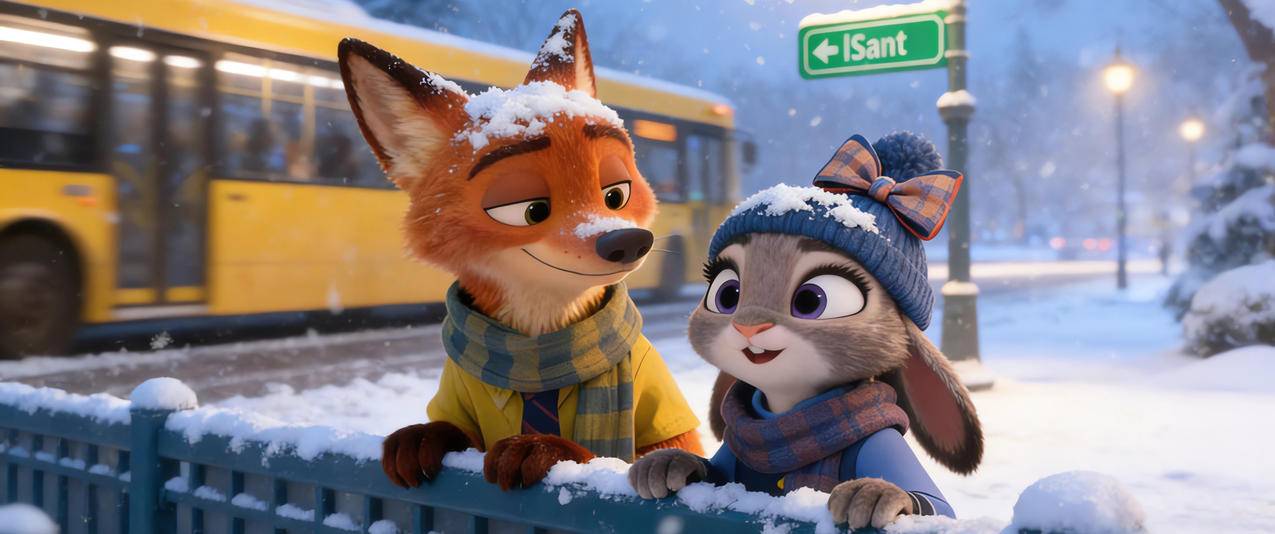 冬季 公交车 朱迪狐尼克 3440x1440带鱼屏壁纸