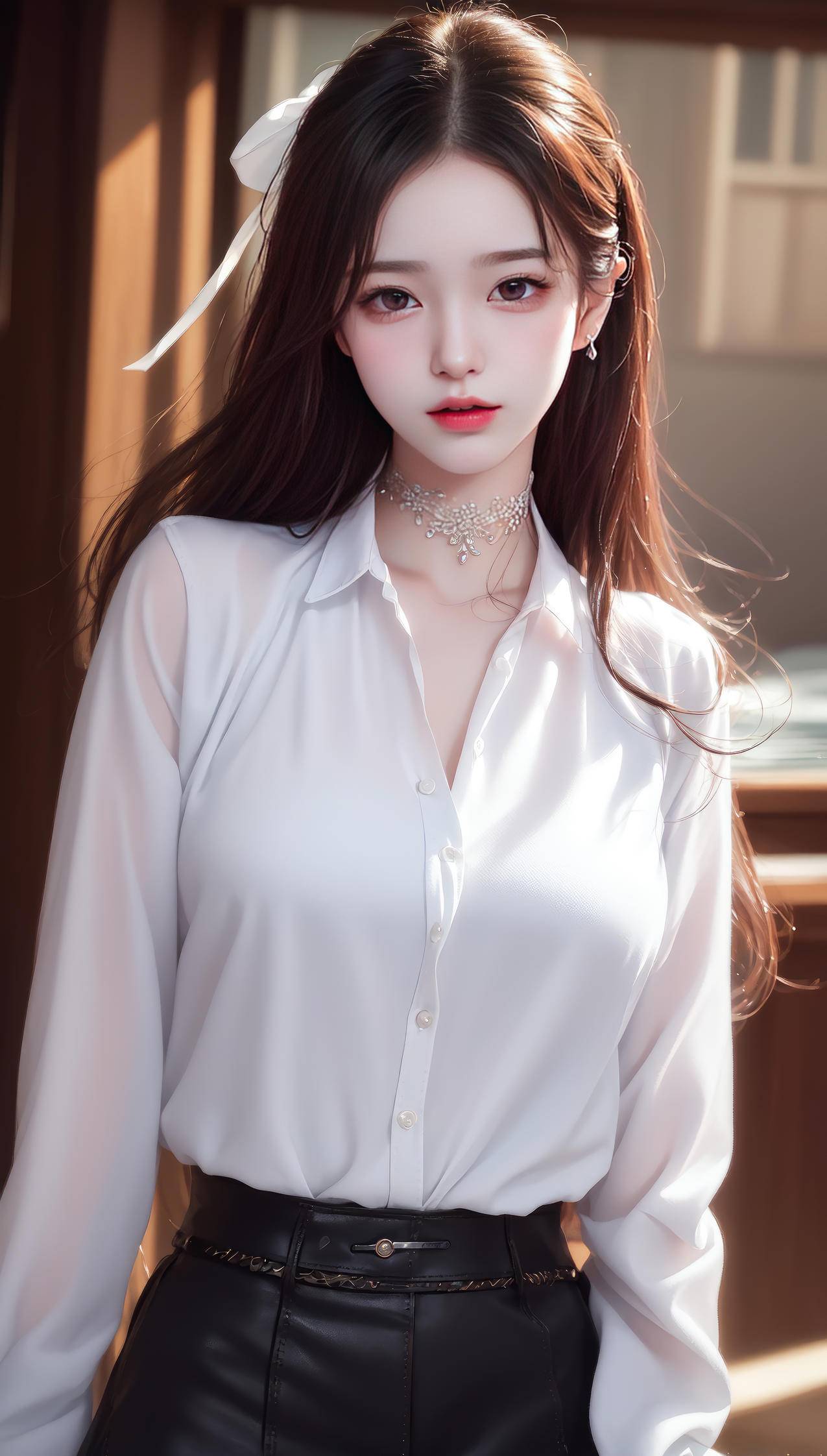 长发 白色衬衫美女 ai绘画 4k手机桌面壁纸