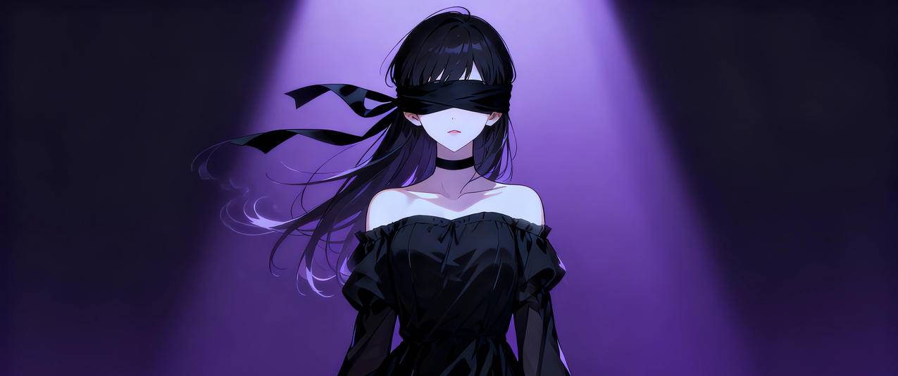 蒙眼动漫女孩 黑色裙子 紫色光影3440x1440带鱼屏壁纸免费
