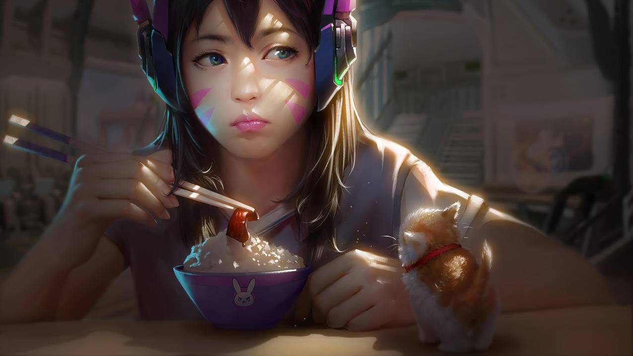 《守望先锋》DVA 吃饭 桌子 猫 4K高清壁纸
