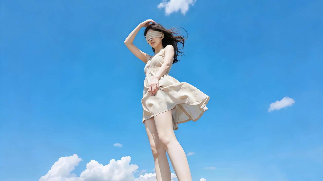蓝天白云 阳光可爱美女 蒙眼 4k壁纸