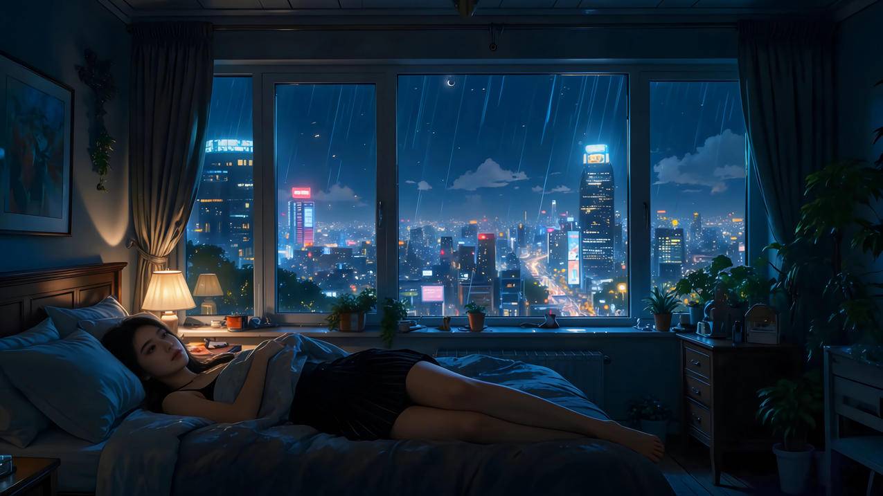 雨夜 房间 漂亮美女 玻璃窗 4K壁纸 3840x2160