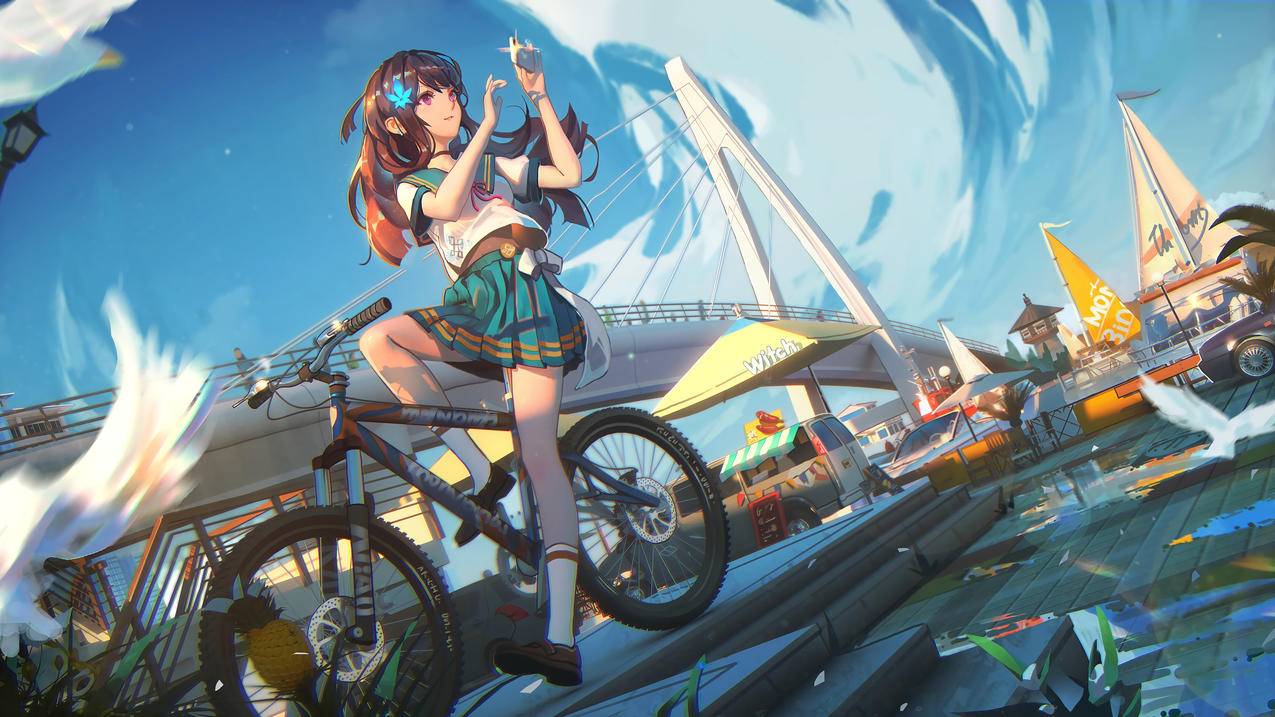 赛博少女 单车 自行车 手机拍照 4k动漫壁纸