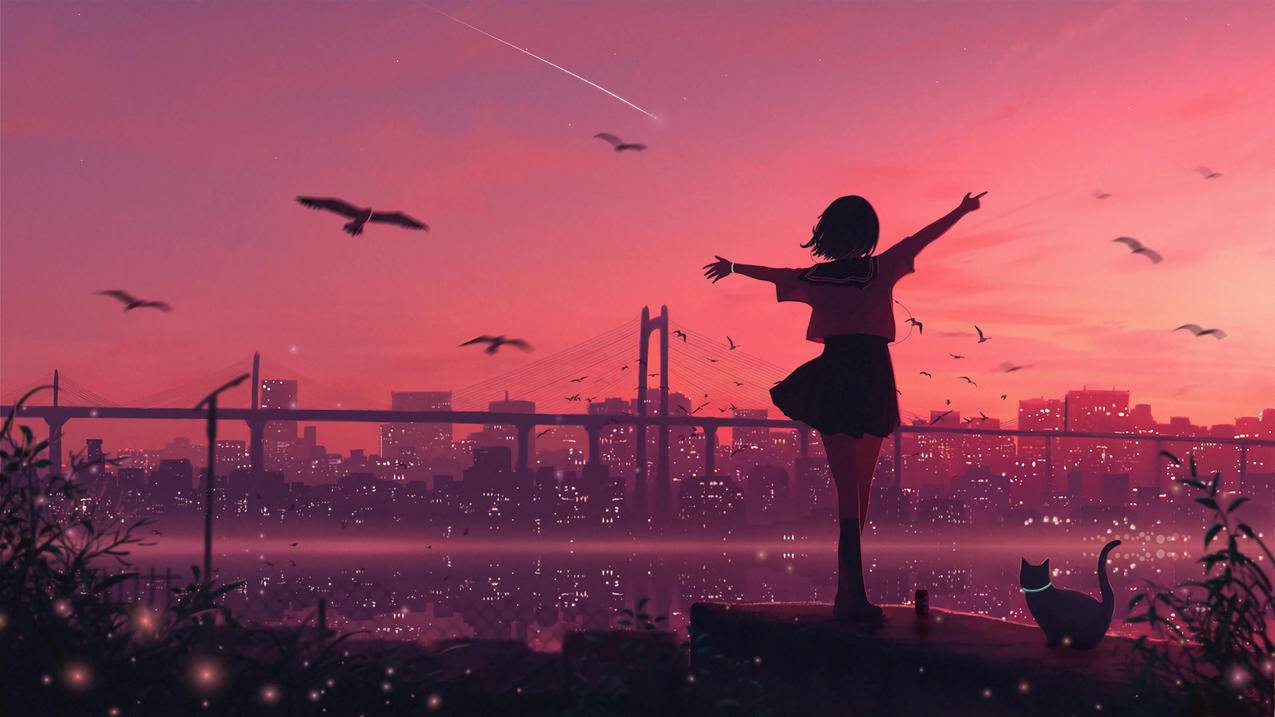 黄昏 少女背影 眺望 城市 4K动漫壁纸