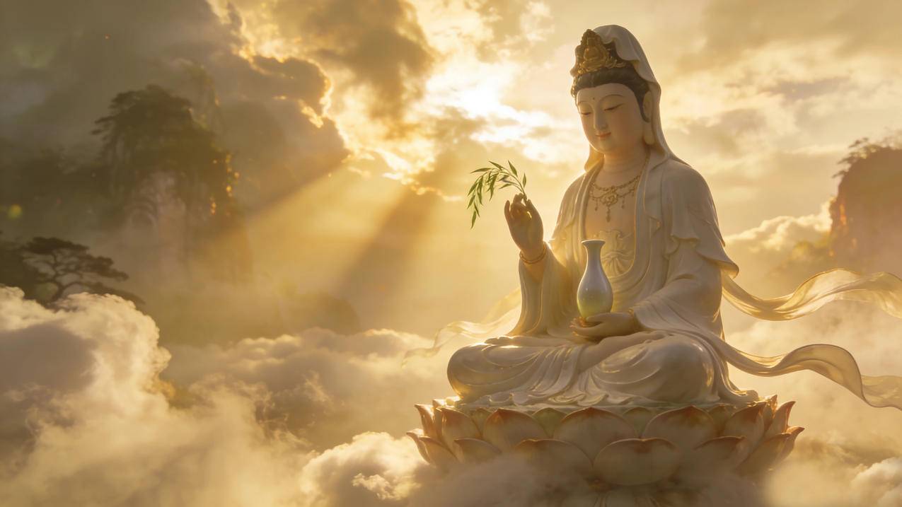 观世音菩萨 天空 佛光 4K电脑壁纸 3840x2160