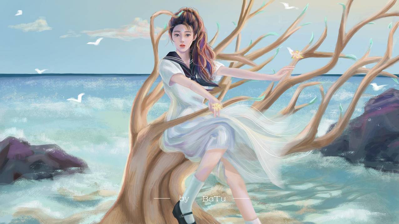 巴图BaTu 原创 海边 礁石 大树 水手服 女孩 阳光 5K高清壁纸