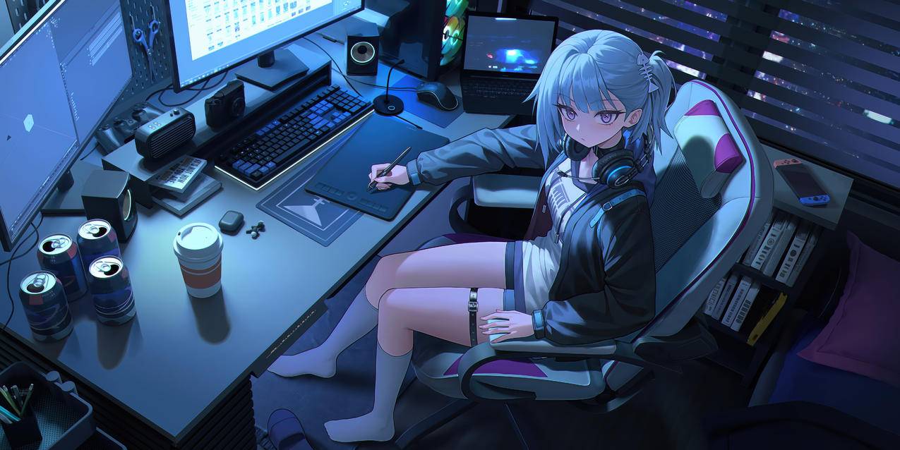 画画的女孩 电脑 画板 4K动漫壁纸