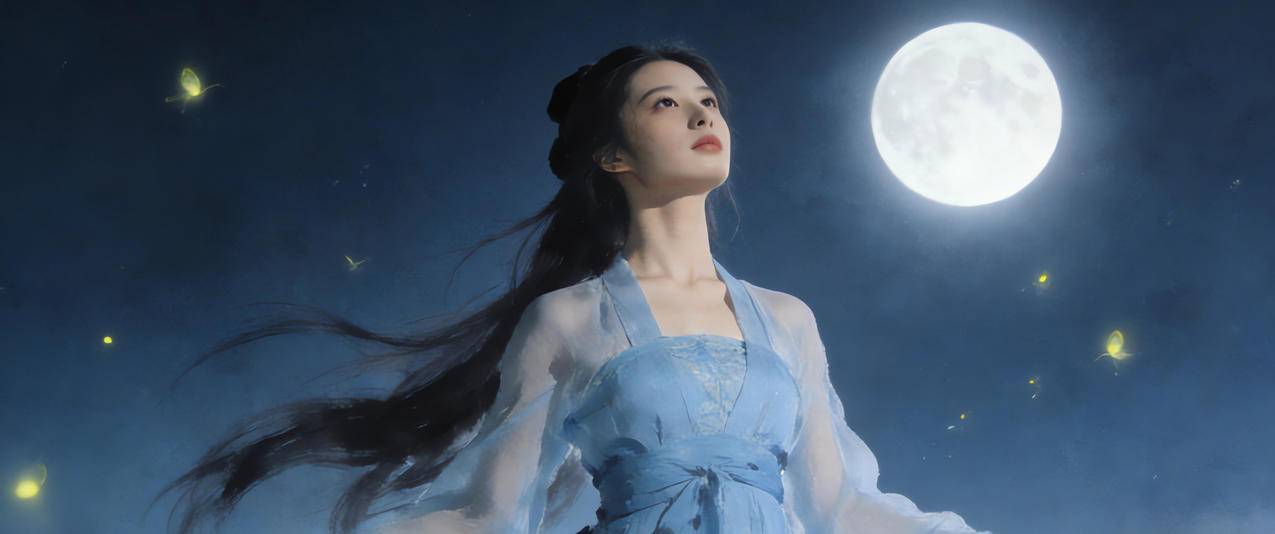月光下的仙气美女 古风 水墨风 3440x1440带鱼屏壁纸
