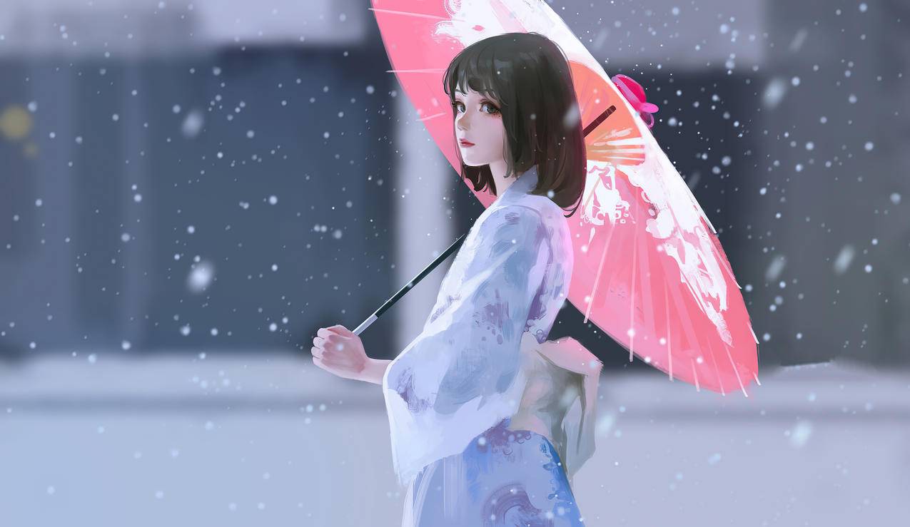 和伞 油纸伞 女孩 日本和服 雪 美少女4K动漫壁纸