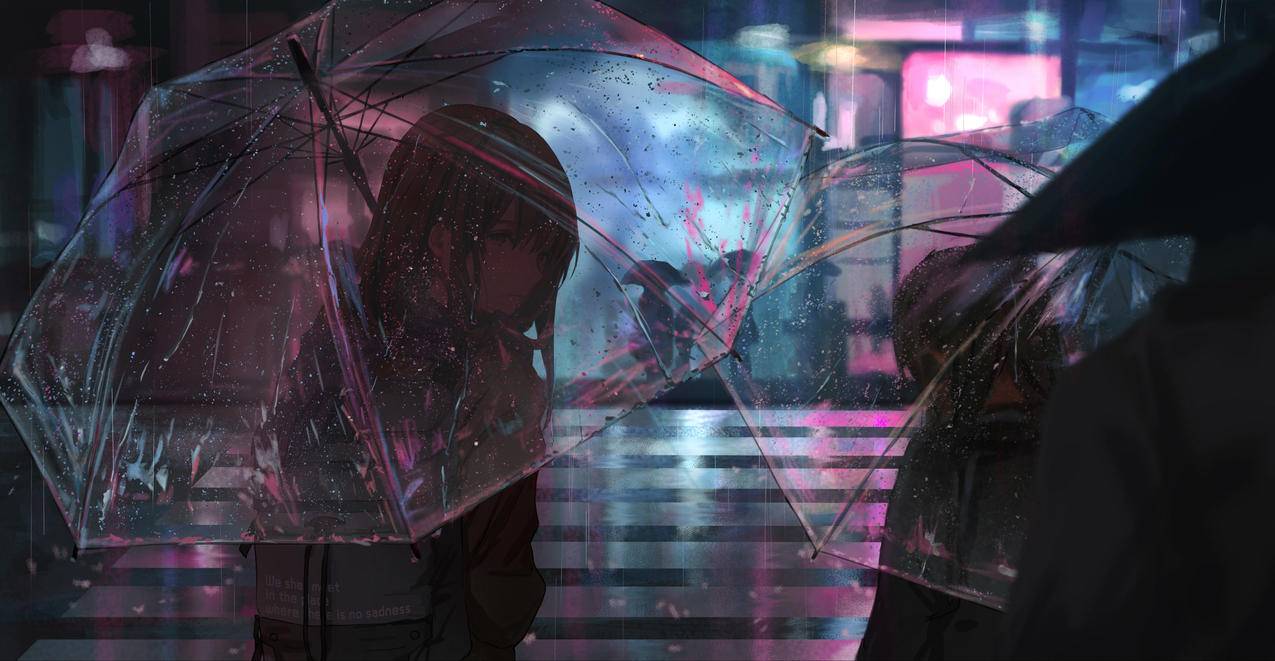 雨天 城市夜景 女子 雨伞 4k高清动漫壁纸