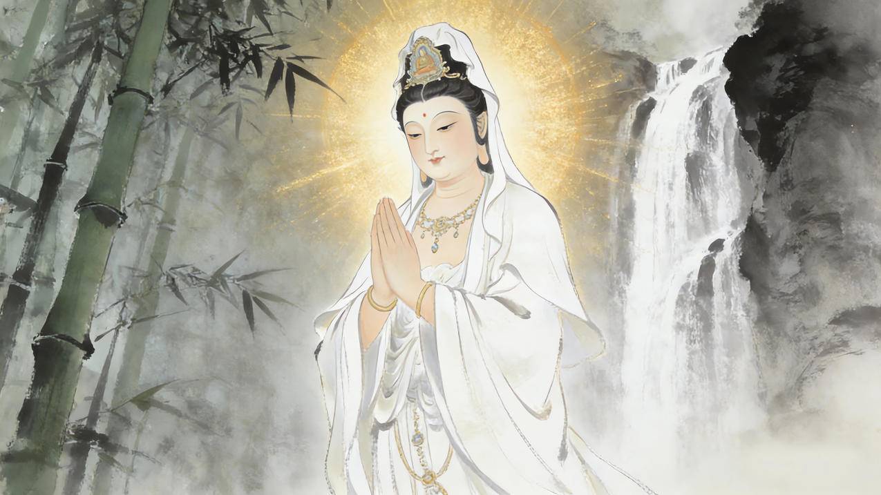 观音菩萨 双手合十 竹子 水墨画 4K壁纸