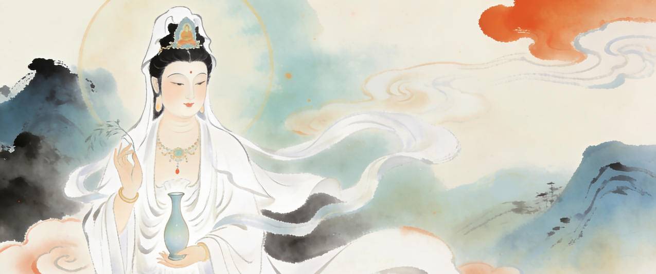 观音菩萨 慈悲 水墨风3440x1440带鱼屏壁纸