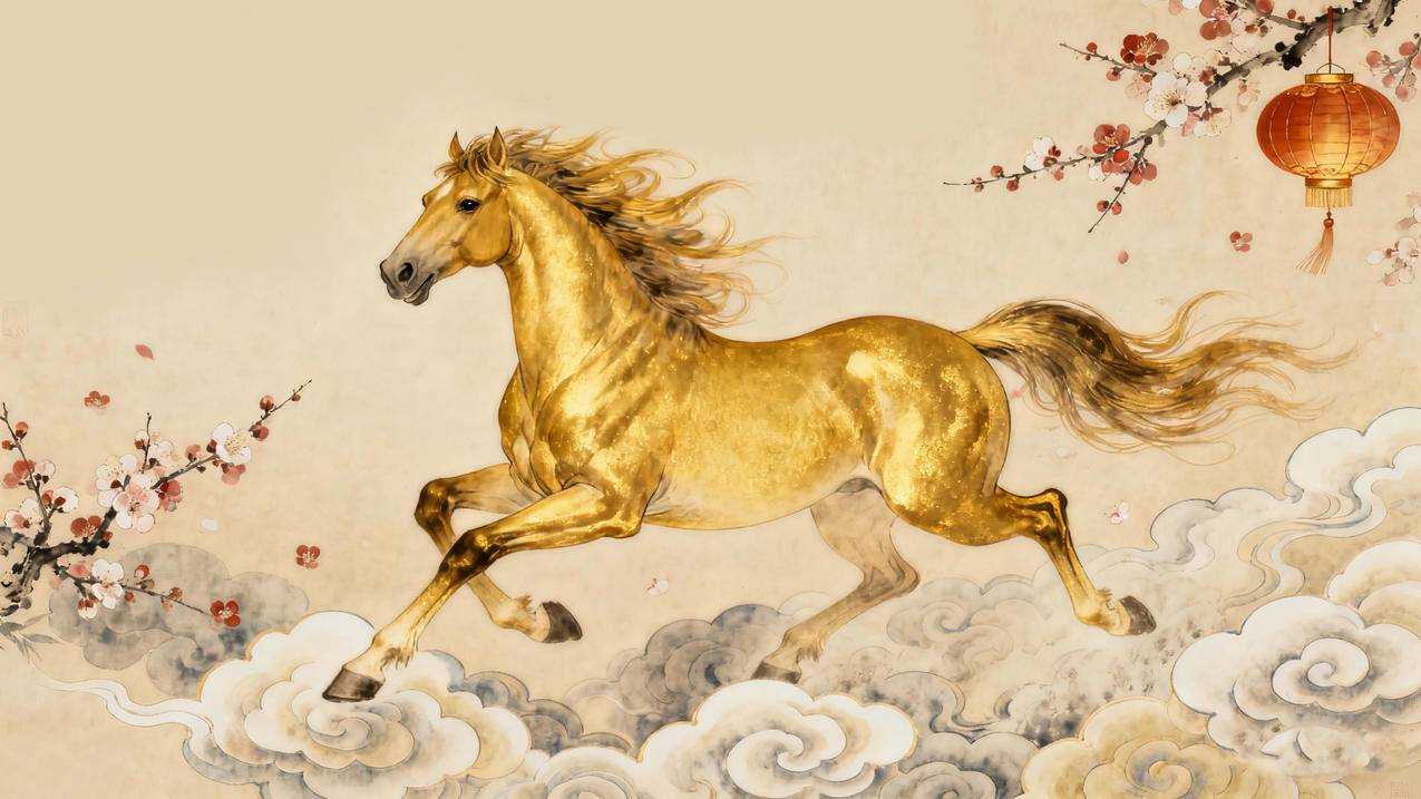 2026马年 金色骏马 祥云 国风 4k壁纸