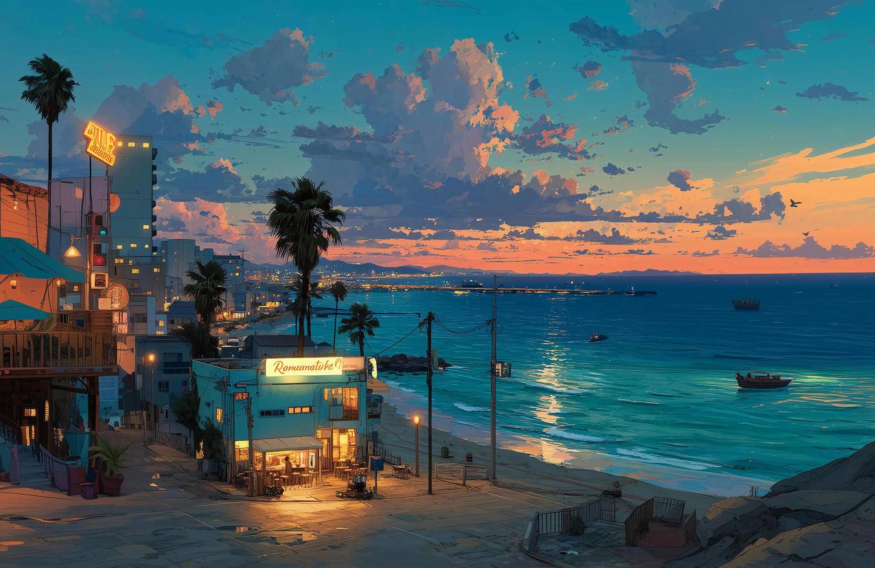 云彩 夜晚 夜景 海滨小城4K风景壁纸