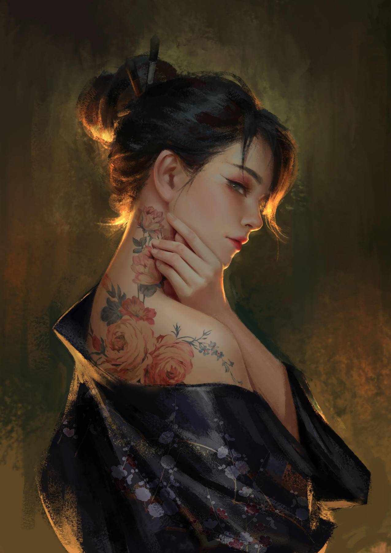 阳光 刺青花 和服 肩膀 女生 4K高清动漫壁纸