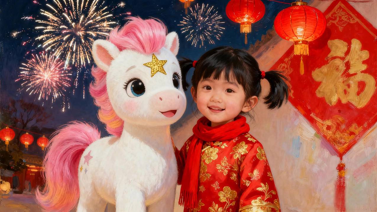 2026元旦快乐 小女孩穿着红色衣服和小马 烟花 灯笼 喜庆 4K壁纸